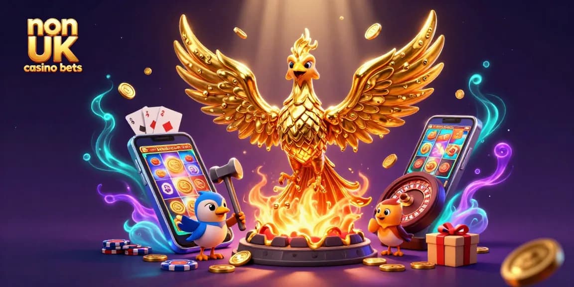 Experience non UK casino bets with a 3D golden phoenix amid vibrant gaming elements.