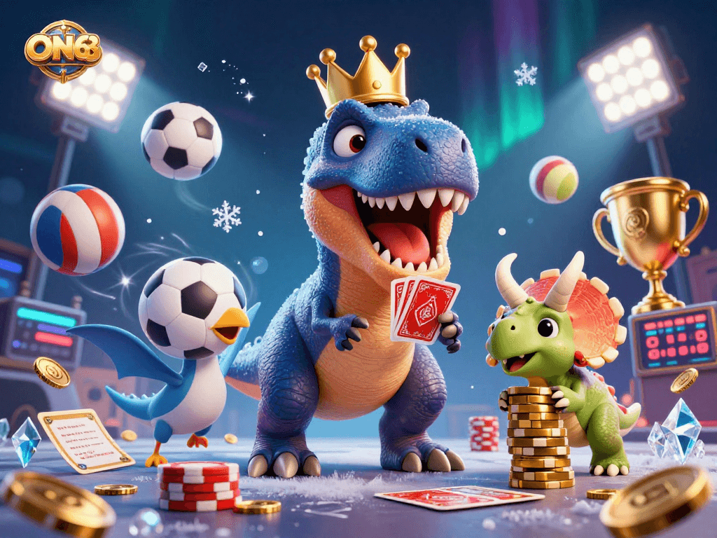 Experience exciting gameplay at ON68 with cartoon dinosaurs in a vibrant casino scene.