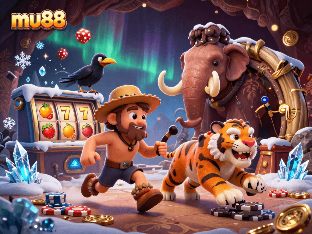 Join mu88 in this captivating prehistoric casino scene with a caveman, a sabertooth tiger, and exciting slot elements.