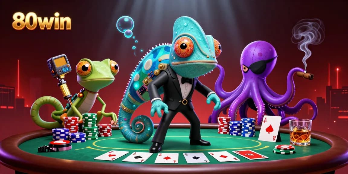 Experience the excitement of betting with 80win’s colorful casino scene featuring vibrant characters and poker elements.