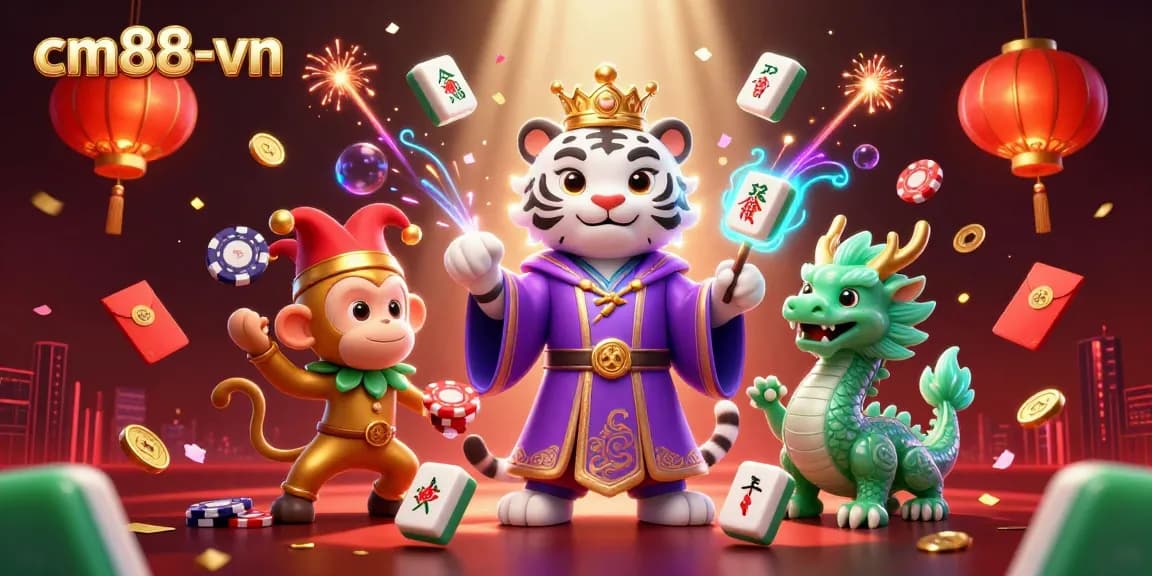 Experience cm88-vn’s vibrant lottery and gaming scene with a lively tiger and playful monkey.