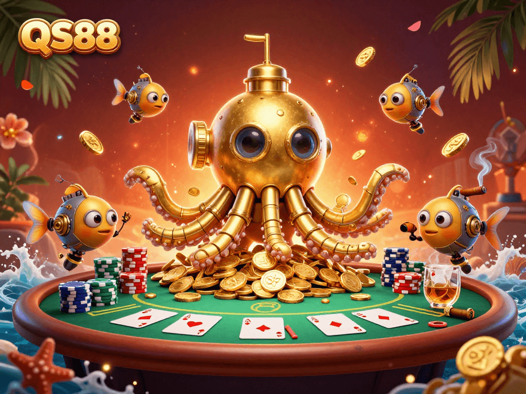 Engage with QS88's thrilling casino experience featuring a vibrant golden kraken submarine and poker elements.