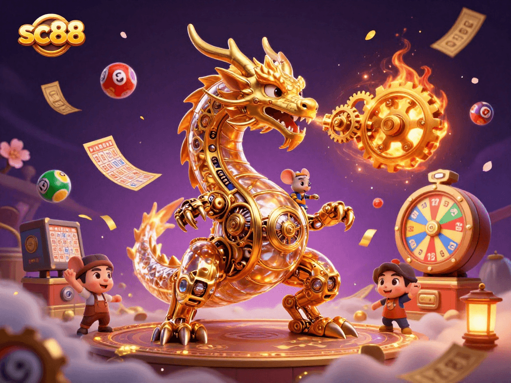Engage in sc88's vibrant lottery excitement with a golden dragon and mouse engineer amidst colorful game elements.
