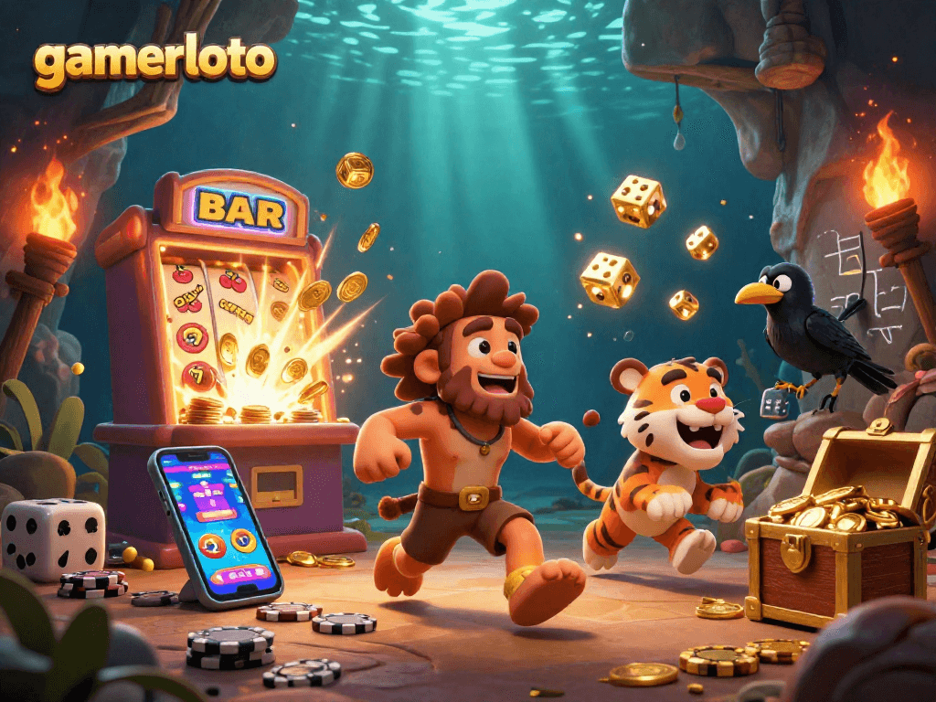Experience the thrill of gamerloto's prehistoric casino with animated cavemen, jackpots, and treasures.