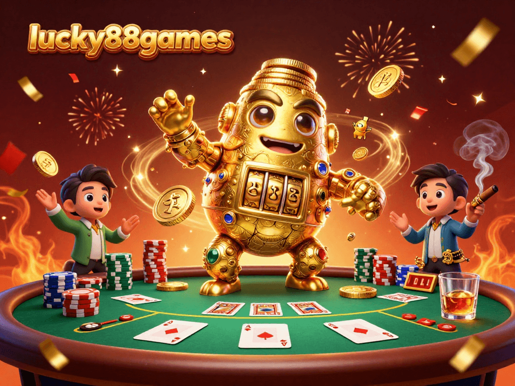 Engage in thrilling gameplay with lucky88games, featuring a mystical golden golem amidst dynamic poker elements.