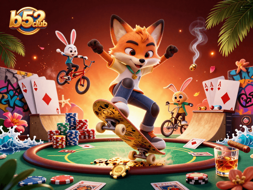 b52club showcases thrilling poker action with a skateboarding fox and a BMX rabbit in a vibrant casino scene.
