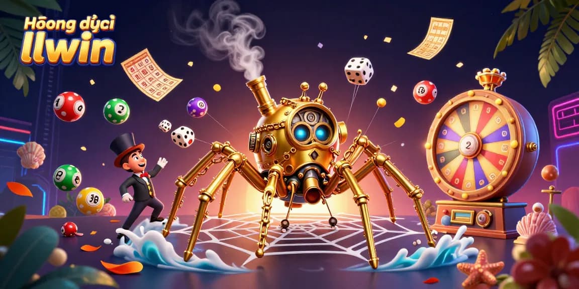 Engage with Hướng dẫn llwin through an animated scene of casino excitement featuring a golden spider and vibrant lottery elements.