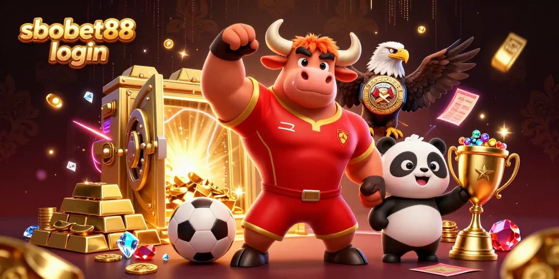 Bet big with sbobet88 login in a vibrant casino scene featuring a muscular bull mascot and a trophy.