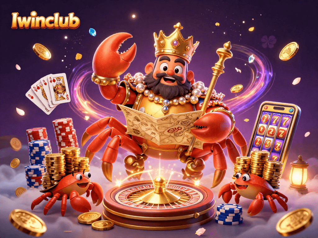 Iwinclub showcases a vibrant 3D casino scene featuring a crab emperor and dynamic gambling elements.