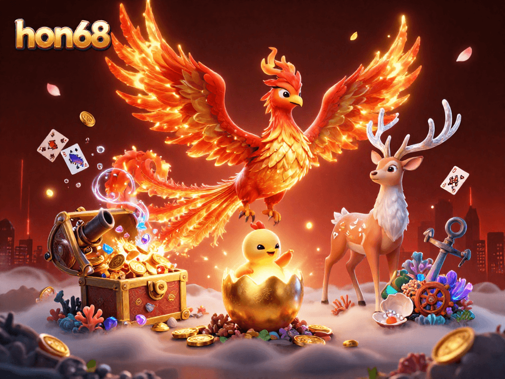 Engage with hon68's vibrant 3D casino scene featuring mythical creatures and treasure.