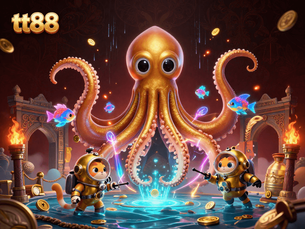 Experience thrilling gaming adventures at tt88 with a vibrant scene of a kraken and diving cat.