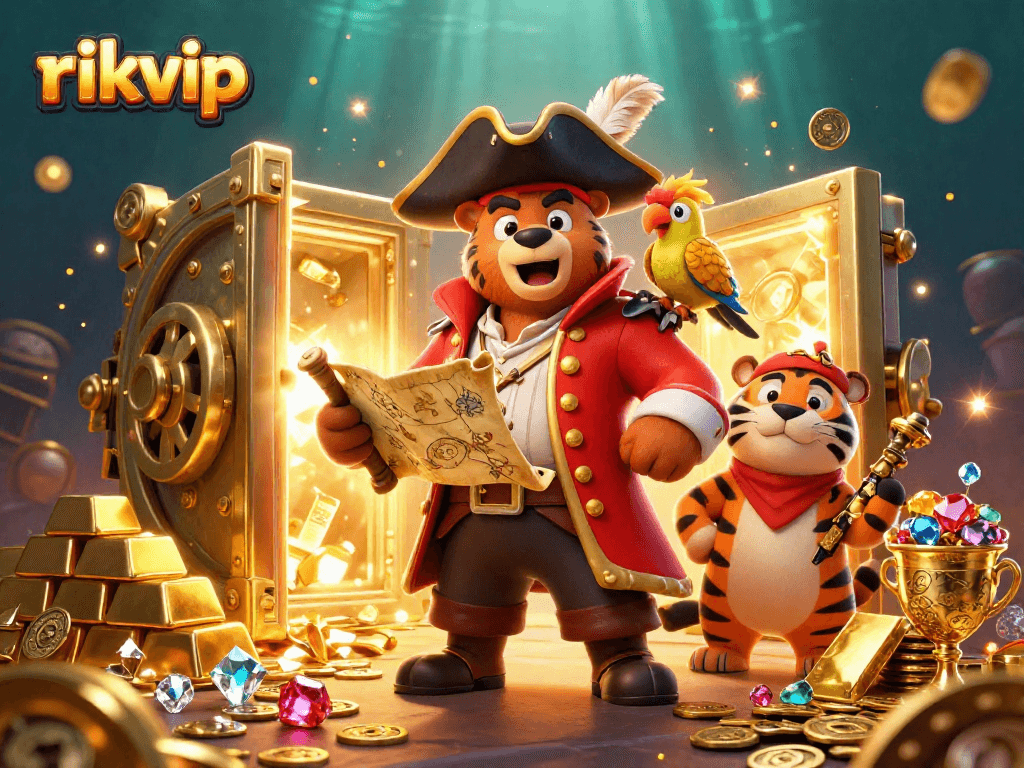 Spin the reels for riches with rikvip, showcasing a vibrant pirate theme in dynamic casino action.