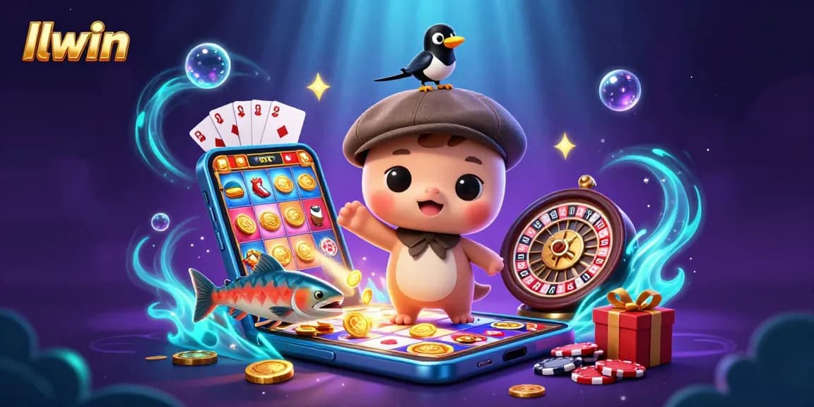 Win big at llwin with colorful slot games and playful characters in a vibrant 3D casino illustration.
