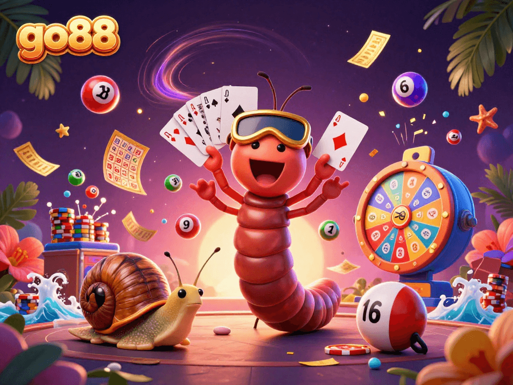Engage with go88's thrilling lottery experience, featuring 3D cartoon characters and vibrant game elements.