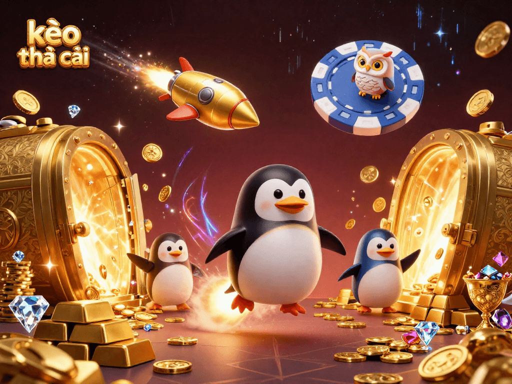 Experience exciting gameplay with kèo nhà cái featuring a lively scene of a golden penguin and casino treasures.