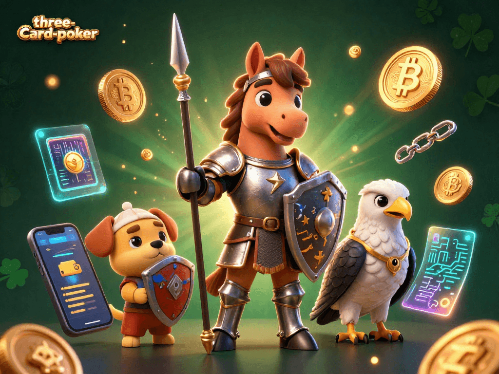 Engage in three-card-poker action with a vibrant 3D scene featuring knights and crypto elements.