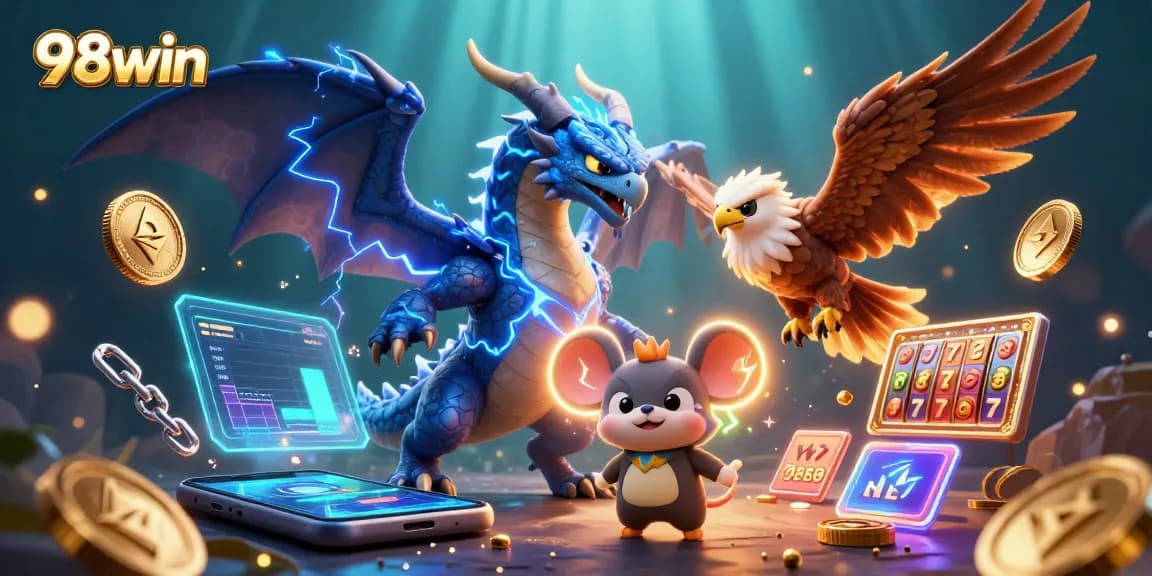 Win big with 98win in a vibrant casino scene filled with slots and cryptocurrency elements.