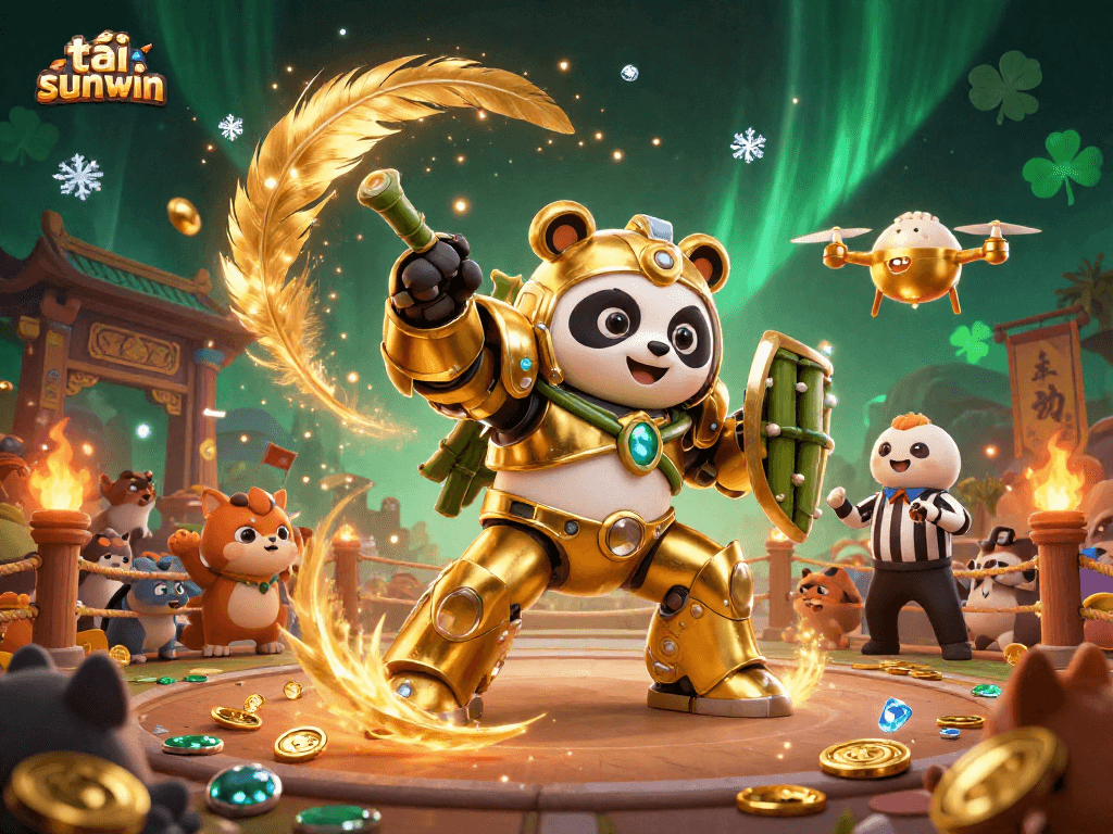 Join the action and tải sunwin, featuring a golden panda in a mech-suit battling in an enchanting arena.