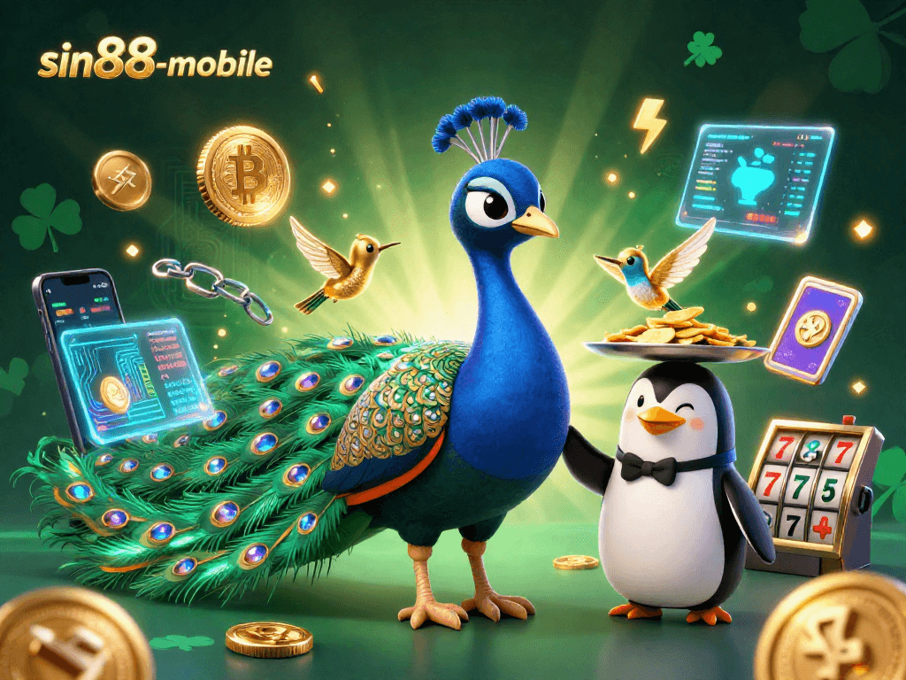 Experience the thrill of sin88-mobile with vibrant 3D illustration showcasing a peacock and crypto coins.
