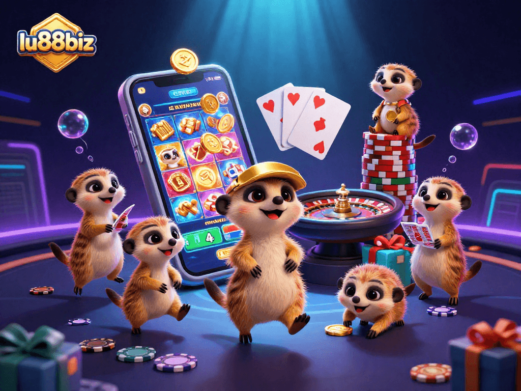 Experience thrilling gaming at lu88biz with dynamic meerkats managing a lively casino.