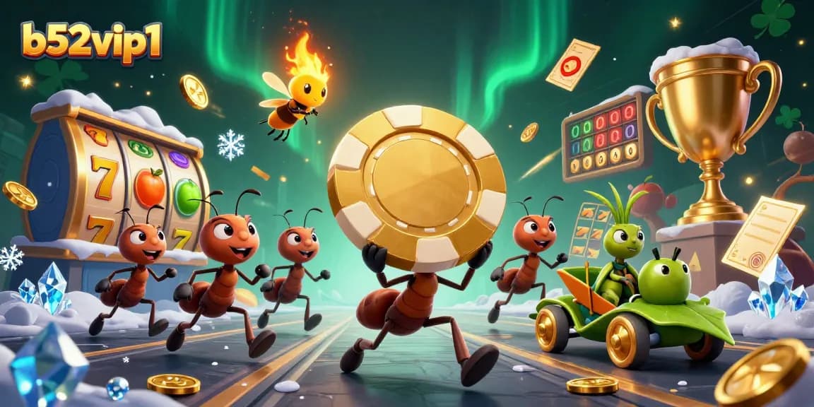 Experience the thrill of b52vip1 with a heist by ants, golden poker chips, and casino elements.