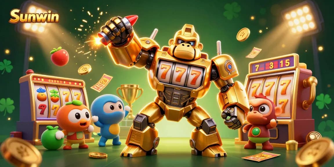 Engage in thrilling wins at Sunwin with a transformer-style gorilla mech and exciting slot machine elements.