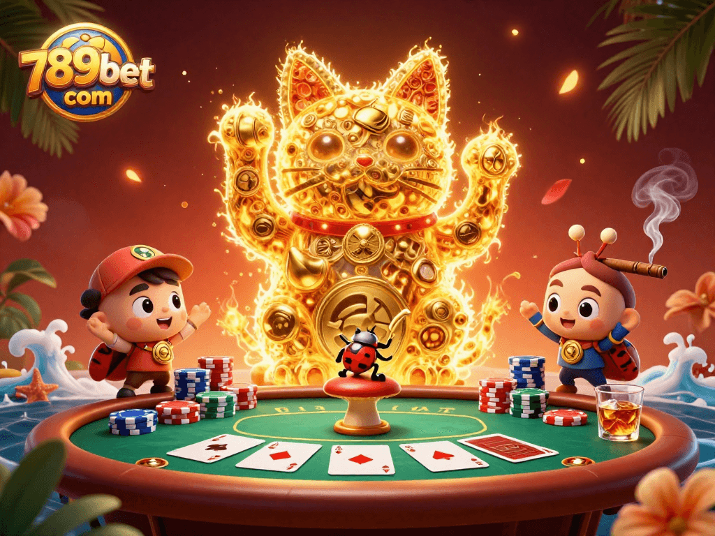 Experience excitement with 789bet com as golden fireflies form a lucky cat, showcasing abundant casino elements.