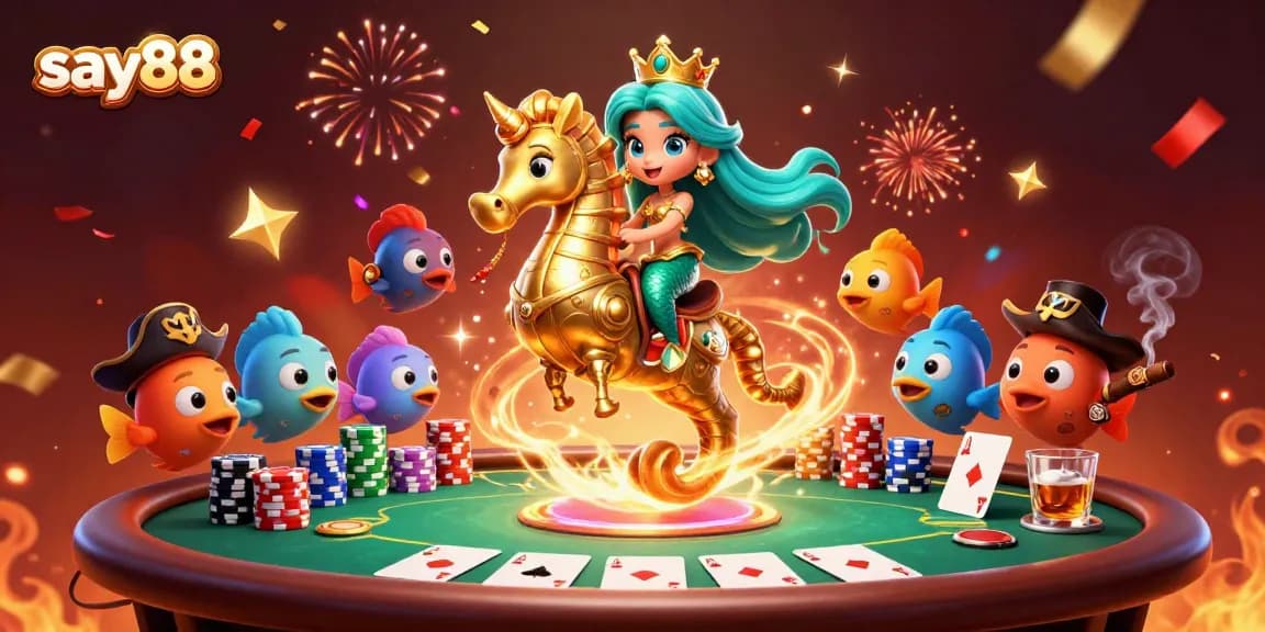 Experience thrilling gameplay with say88 as a mermaid princess rides a seahorse at a vibrant poker table.