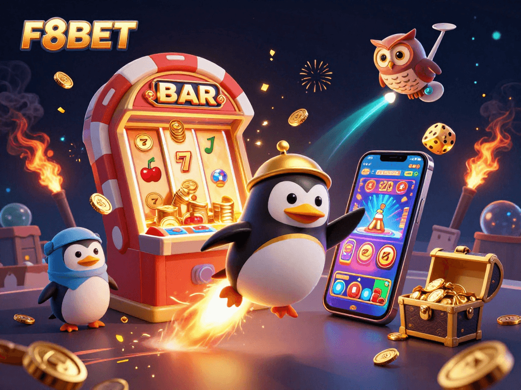 Experience F8BET’s vibrant online casino world with golden penguin and exciting slot visuals.