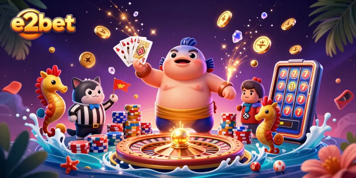 Engage with e2bet at this vibrant underwater casino scene filled with action, excitement, and colorful characters.