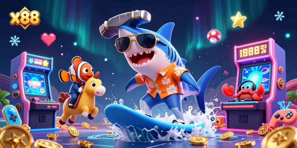 X88 players win big with gaming fun, featuring cartoon shark, clownfish, and crab in a vibrant casino