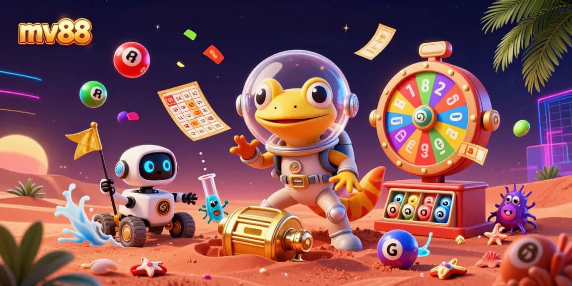 Join the fun at mv88 as a gecko in a retro space suit uncovers a golden casino with vibrant lottery elements.