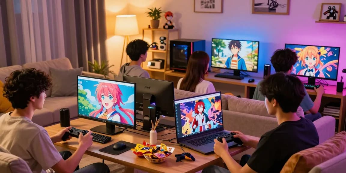 Players enjoying a free hentai game in a cozy living room with colorful animated visuals.