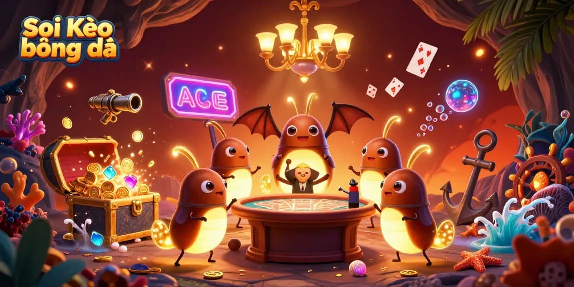 Soi Kèo bóng đá shines in a vibrant underwater casino scene with glowing characters and treasures.