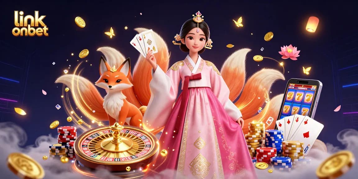 Spin to win with the link onbet, featuring a graceful Asian woman and lucky fox amidst vibrant casino elements.