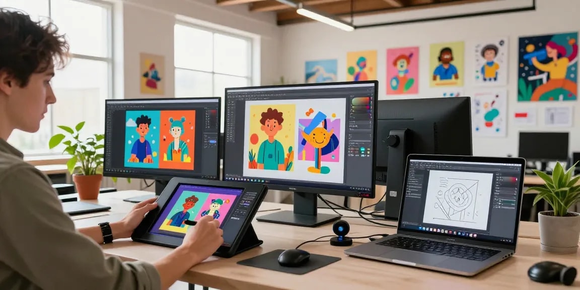 Creating vibrant AI-generated images in a lively art studio with hot ai technology.