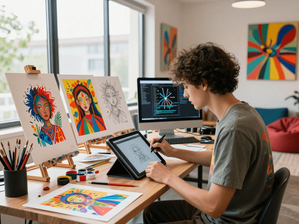 Innovative NSFW AI artist creating artwork in a bright studio filled with colorful art