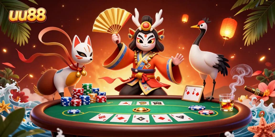 Play poker with uu88 as kabuki warrior and fox mask companions create an exciting scene.