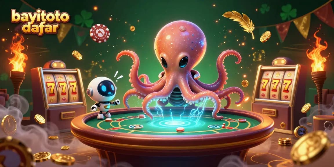 Engage with bayitoto daftar featuring a vibrant alien octopus and dynamic slot elements in a cosmic casino.
