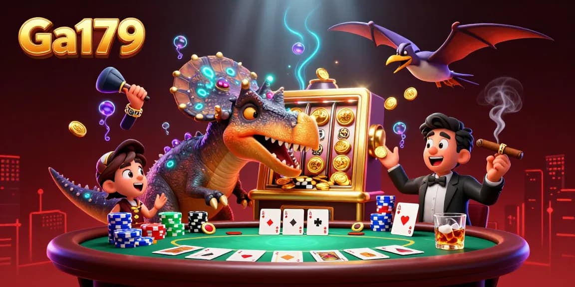 Ga179 slot machine jackpot scene featuring dynamic cartoon dinosaurs in a vibrant casino