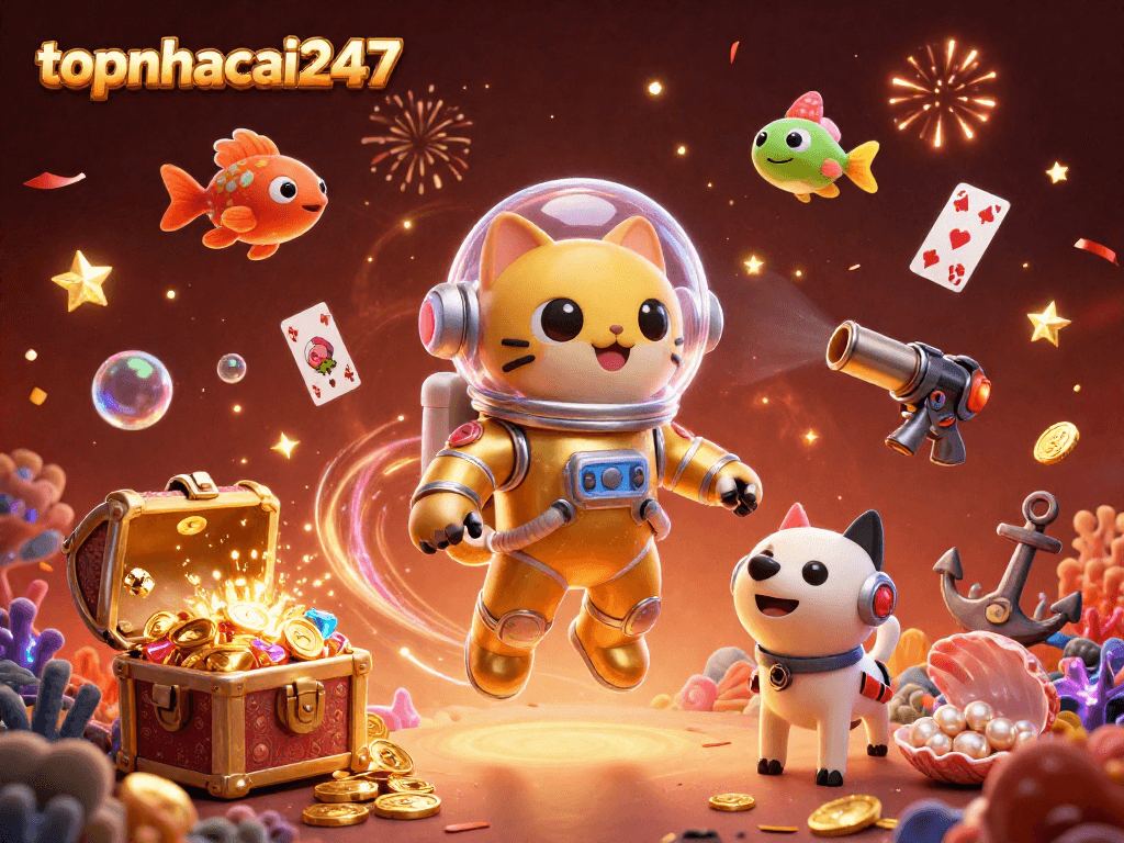 topnhacai247 showcases an adventurous scene with a space cat and dog engaging in gambling fun amidst colorful cosmic treasures.