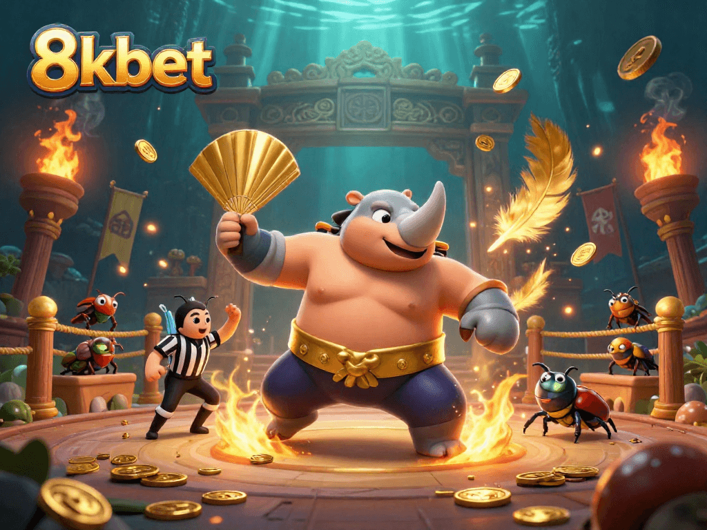 Engage with 8kbet as a colorful rhinoceros beetle sumo champion unleashes golden coins in a dynamic casino arena.