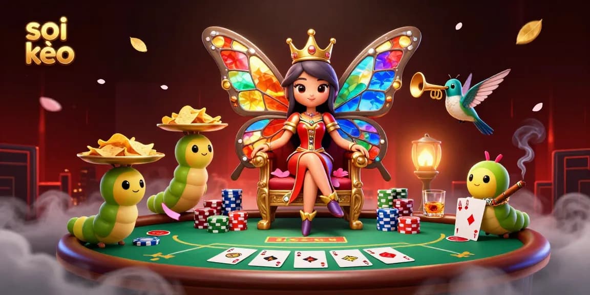 Soi kèo a colorful butterfly queen illustration surrounded by poker elements and vibrant casino atmosphere.