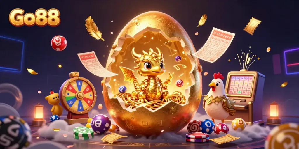 Experience Go88 with a vibrant scene featuring a golden dragon and dynamic lottery elements.