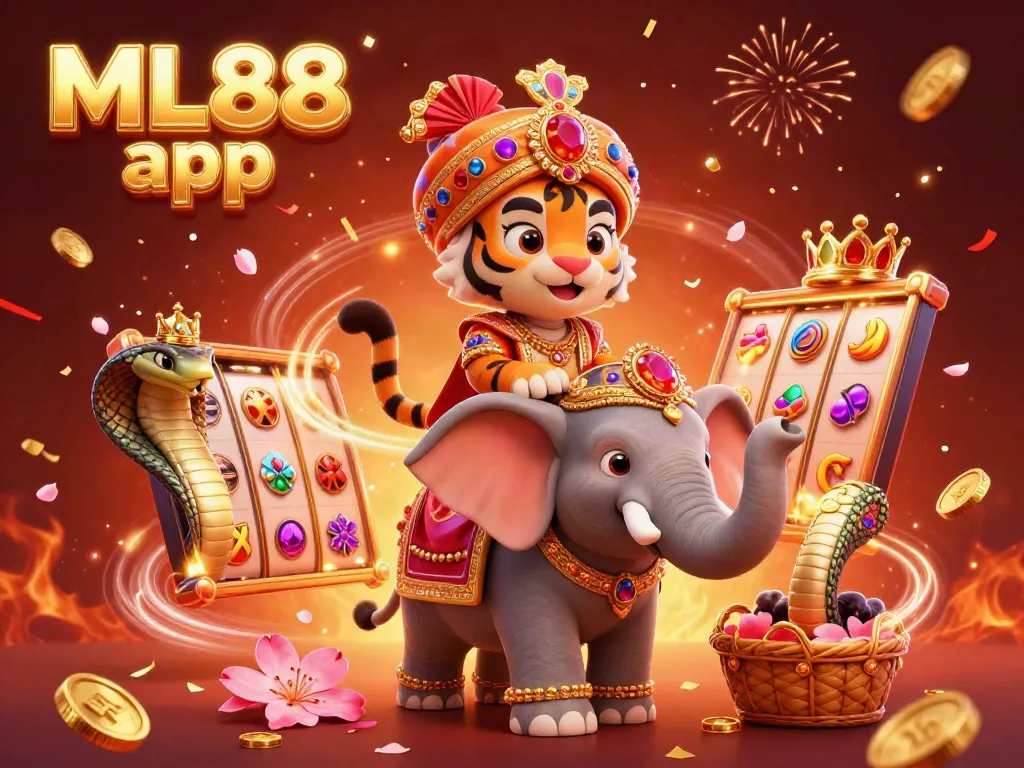 Experience the thrill with ML88 app in this vibrant 3D casino illustration featuring a majestic maharaja tiger.