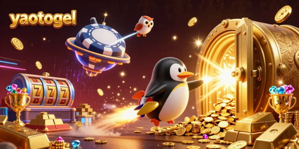 Win at yaotogel with a golden penguin racing through a vibrant casino space scene.