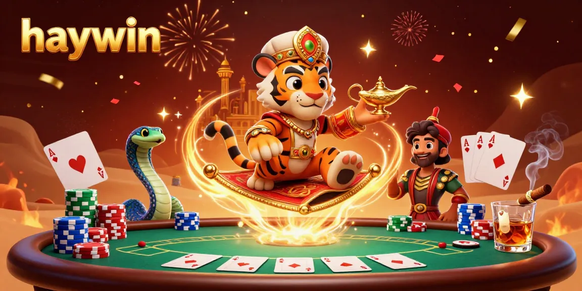 Experience the excitement of haywin with a vibrant, dynamic casino scene featuring a tiger sultan and poker elements.