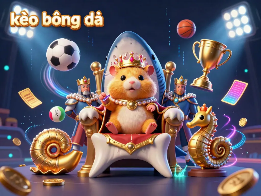 Engage in kèo bóng đá with a fierce hamster king and seahorse guards in a vibrant scene of sports elements.