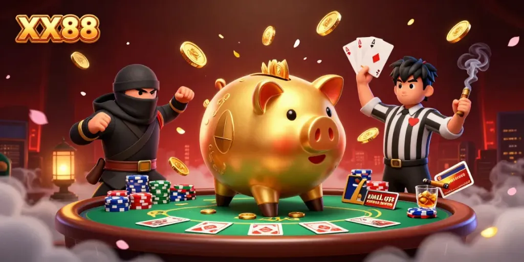 Experience the thrill at XX88 with a dynamic scene of a golden piggy bank sumo wrestler and action-packed poker elements.