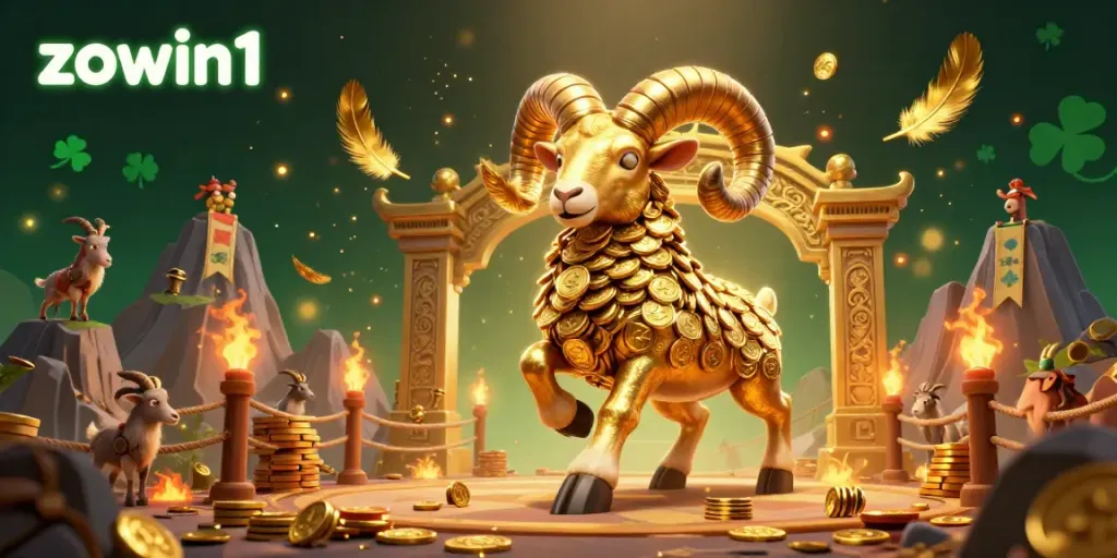 Experience casino excitement with a dynamic illustration of zowin1 featuring a golden ram and gaming elements.